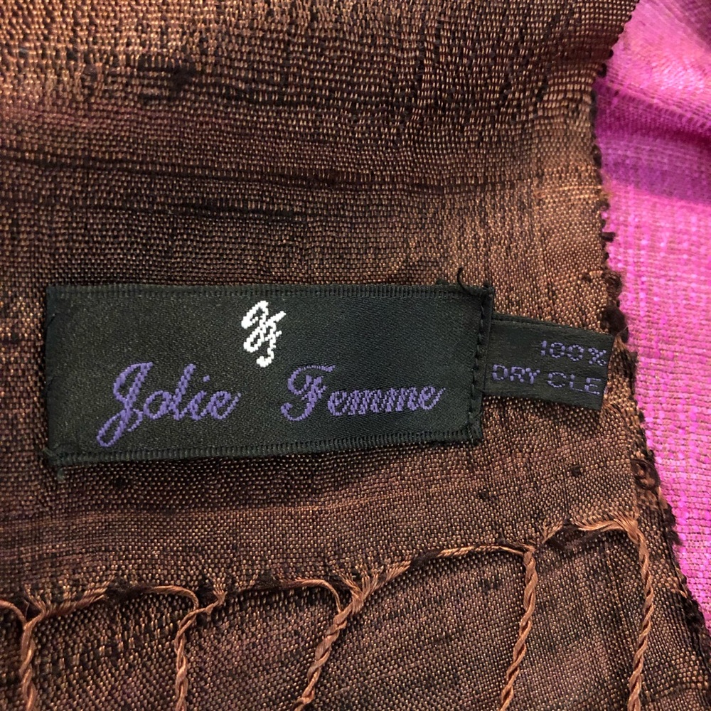 💯% Silk Jolie Femme Pink, Ivory, & Brown Fringed Scarf/Wrap - Picture 2 of 10